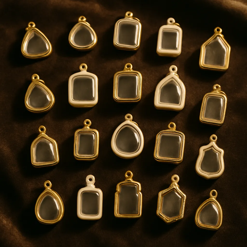 Small sealed waterproof pendant cases arranged on dark velvet.