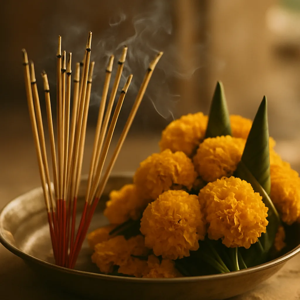 Incense sticks and offering flowers arranged on a tray.