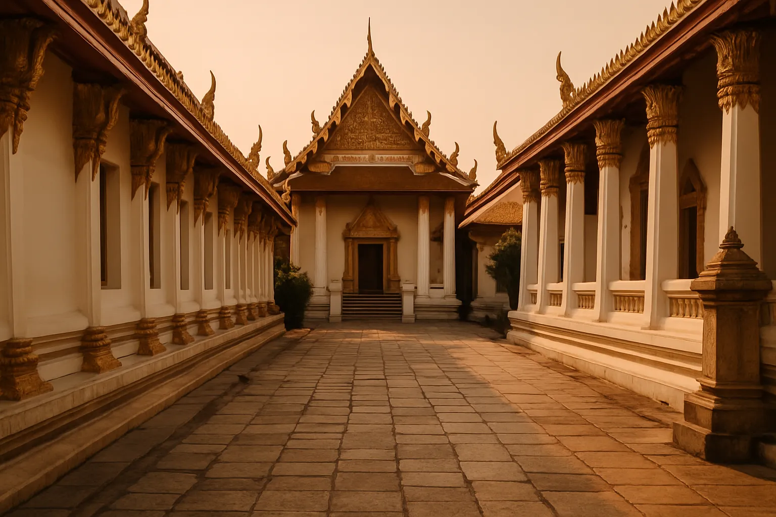 Temple courtyard with a stone walkway, empty of people.