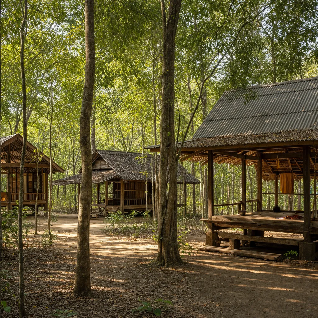Simple open-sided wooden forest monastery buildings on stilts amid tall Isan woodland trees, warm light, empty of people.