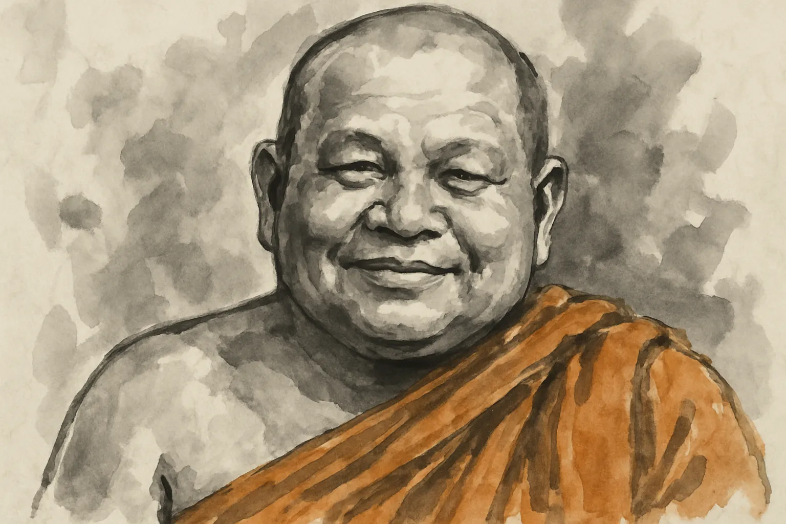 Historical reconstruction: ink wash portrait of Phra Ajahn Chah Subhaddo (1918–1992), the beloved teacher of Wat Nong Pah Pong, Ubon Ratchathani.