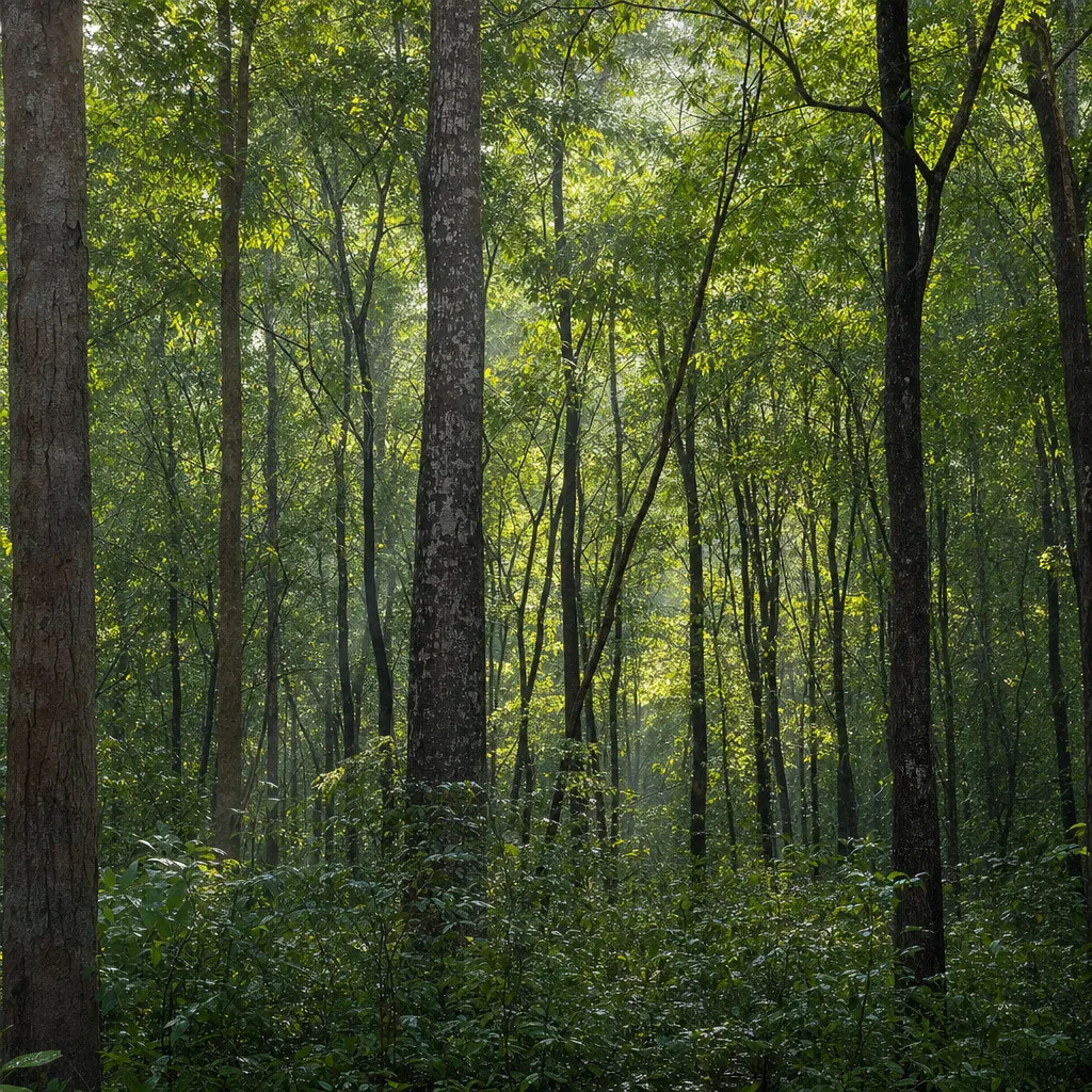 Dense northeastern Isan forest with tall hardwood trees and dappled morning light, Sakon Nakhon, no people.
