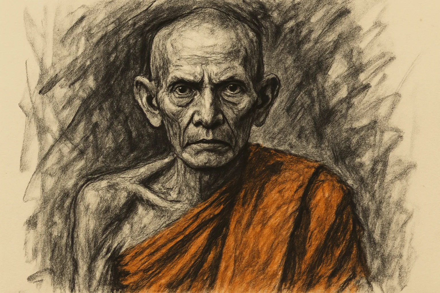 Historical reconstruction: charcoal portrait of Phra Ajahn Mun Bhuridatta (1870–1949), founder of the Thai forest meditation tradition.