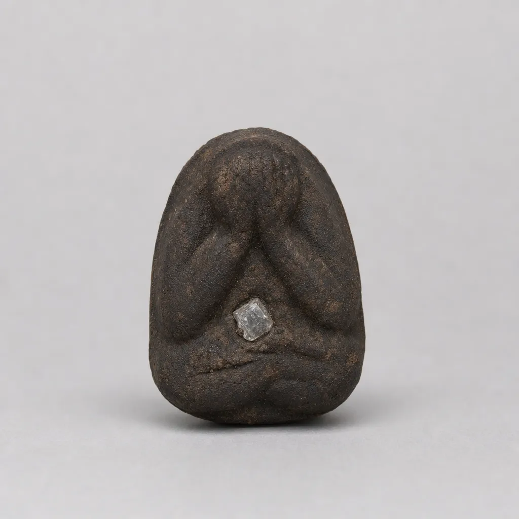 Representative visualization of a small dark earthen amulet (nuea din) with a bright crystal inclusion (phet na thang) visible in the surface, associated with LP Jamnian.