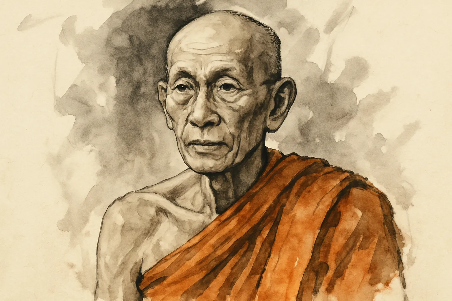 Historical reconstruction: ink wash portrait of Luang Phor Jamnian Silasettho (1936–2026), Wat Tham Suea, Krabi.