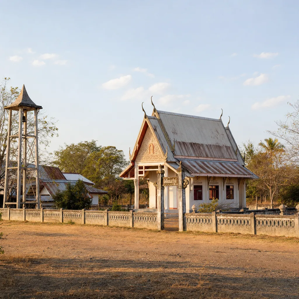 A modest Isan-style temple on a flat Nakhon Ratchasima landscape with corrugated roofing and dry-season vegetation, warm afternoon light.
