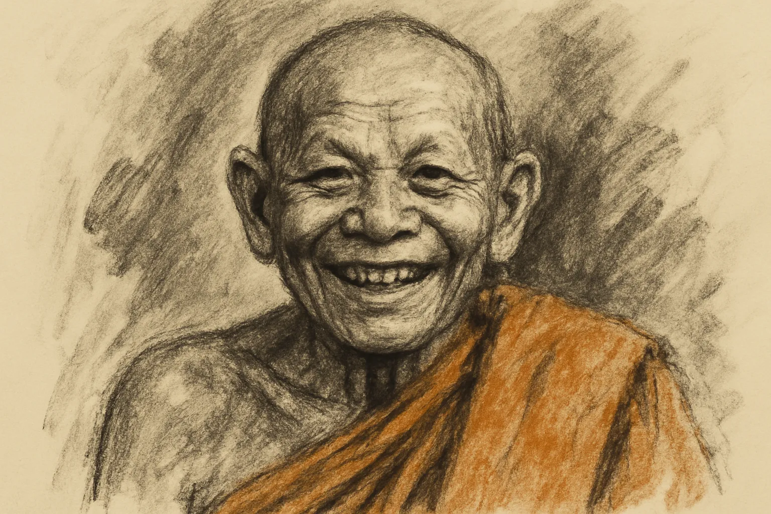 Historical reconstruction: charcoal portrait of Luang Phor Koon Parisuttho (1923–2015), the beloved monk of Wat Ban Rai, Nakhon Ratchasima.