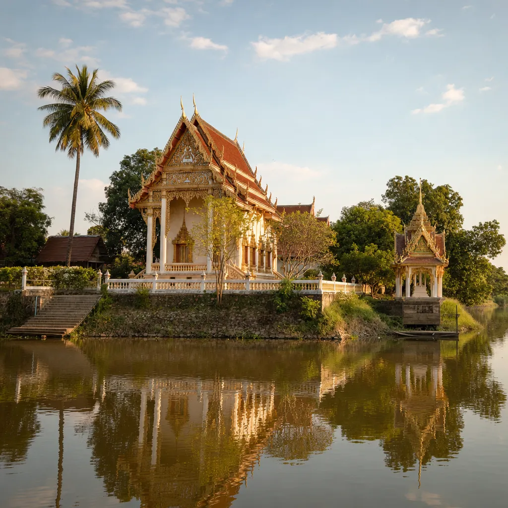 A central Thai temple beside a river in Phichit province, traditional rooflines, calm water reflection, warm afternoon light, empty.