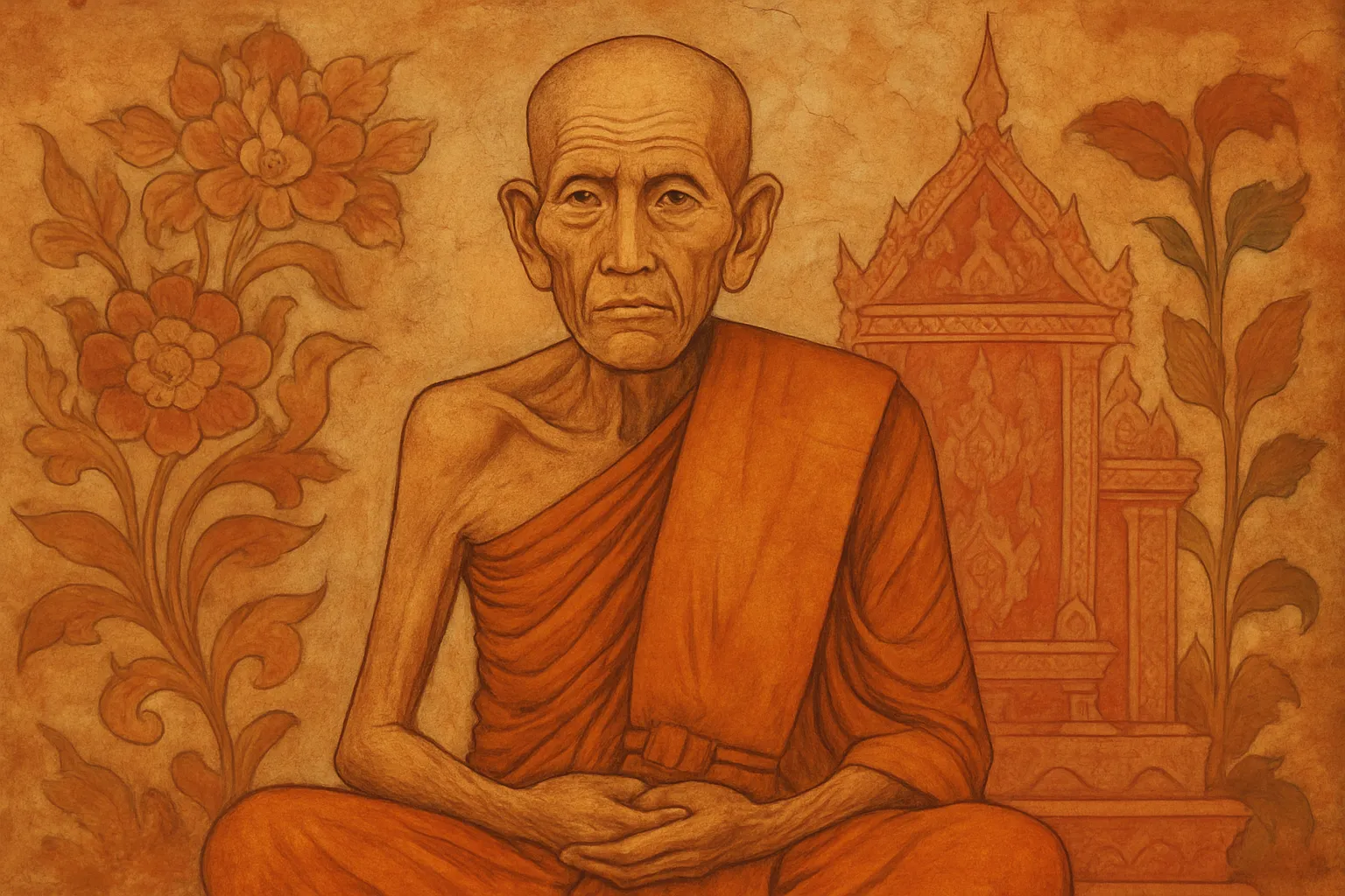 Historical reconstruction: mural-style portrait of Luang Phor Ngern Janthasiri (1810–1919), the elder of Wat Bang Khlan, Phichit province.