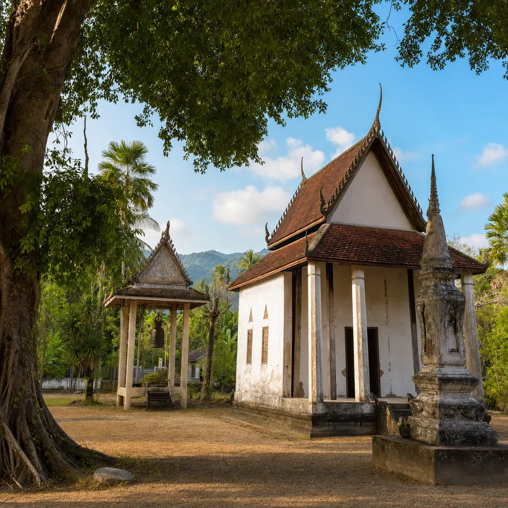 A modest rural southern Thai temple compound amid tropical landscape in Nakhon Si Thammarat, simple whitewashed buildings, old trees, warm light.