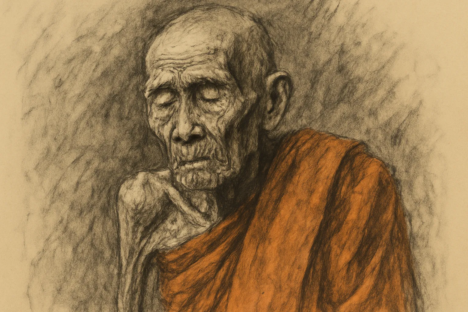 Interpretive portrait: charcoal study of Luang Pu Im Panyawuttho (born 1917), the elder of Wat Thung Na Mai, Nakhon Si Thammarat.