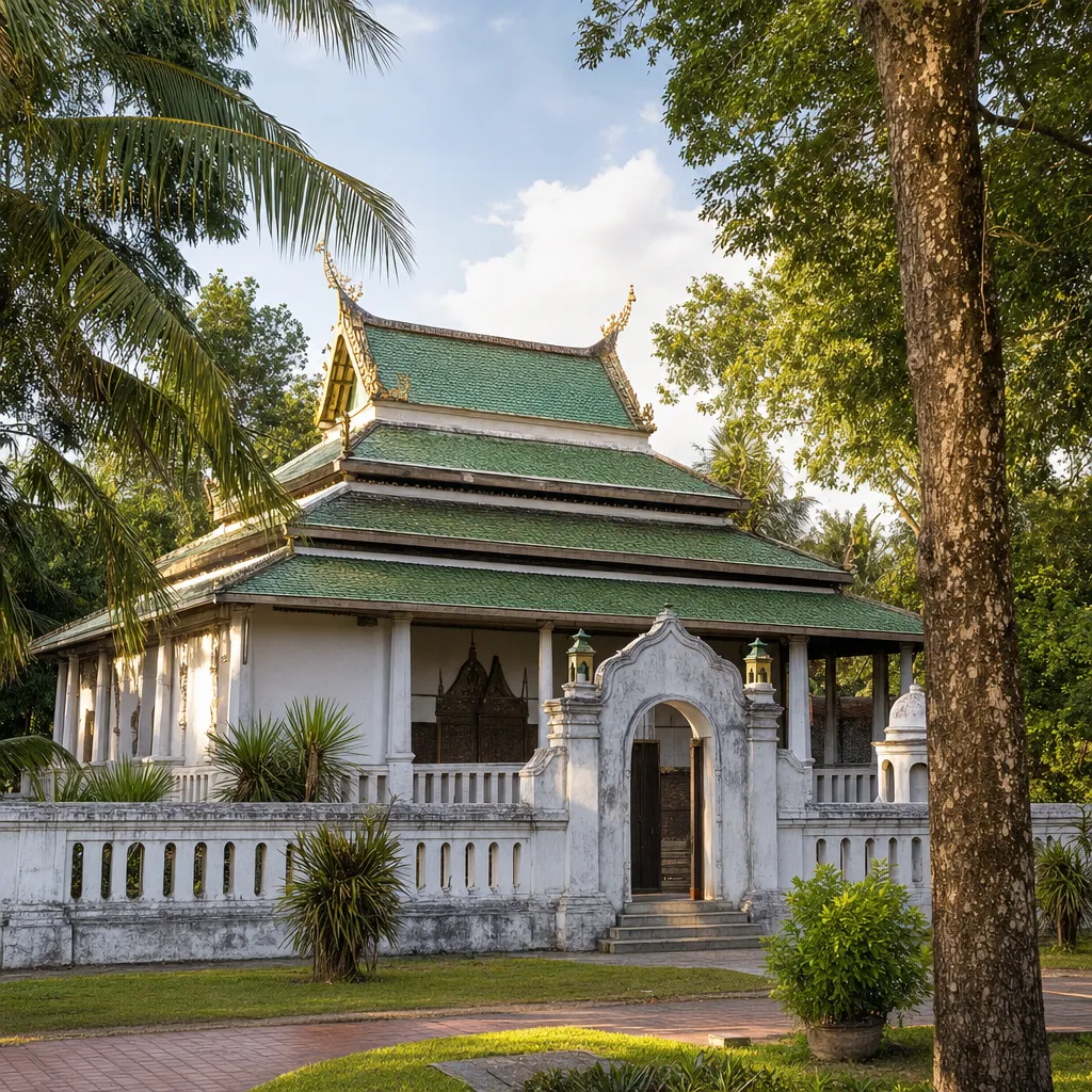Exterior of a southern Thai temple compound in Pattani in Malay-influenced style, whitewashed walls, warm afternoon light.