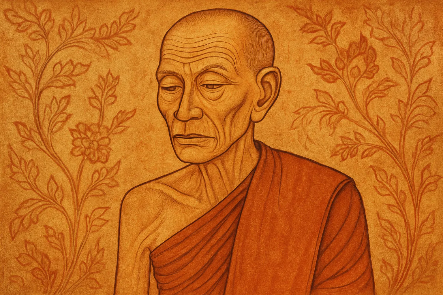 Historical reconstruction: mural-style portrait of Luang Pu Thuad, 17th-century legendary monk of southern Thailand, shown as an elderly ascetic in full robes.