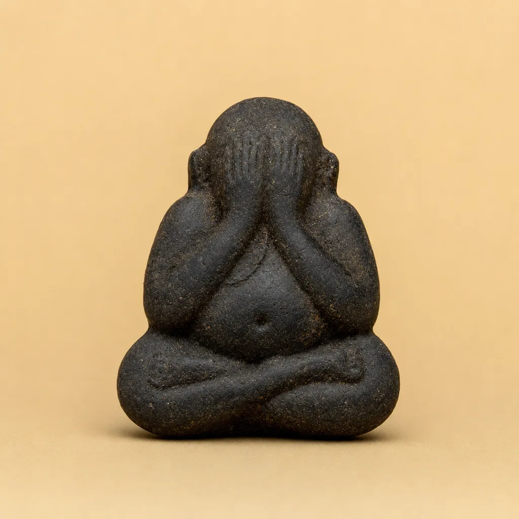 Representative visualization of a Phra Pidta pressed sacred-powder amulet: a compact seated figure with both hands raised to cover the eyes, dark matte body.