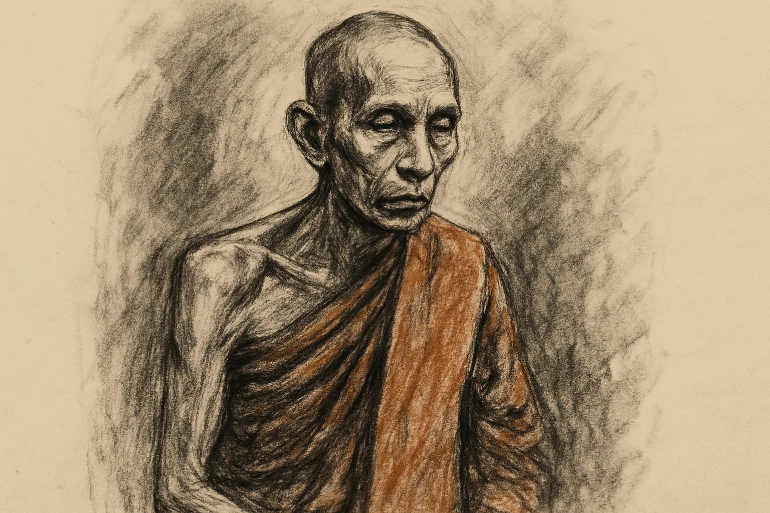 Historical reconstruction: charcoal portrait of Luang Pu Toh Inthasuwanno (1886–1981), the meditation master of Wat Pradu Chimplee, Bangkok.