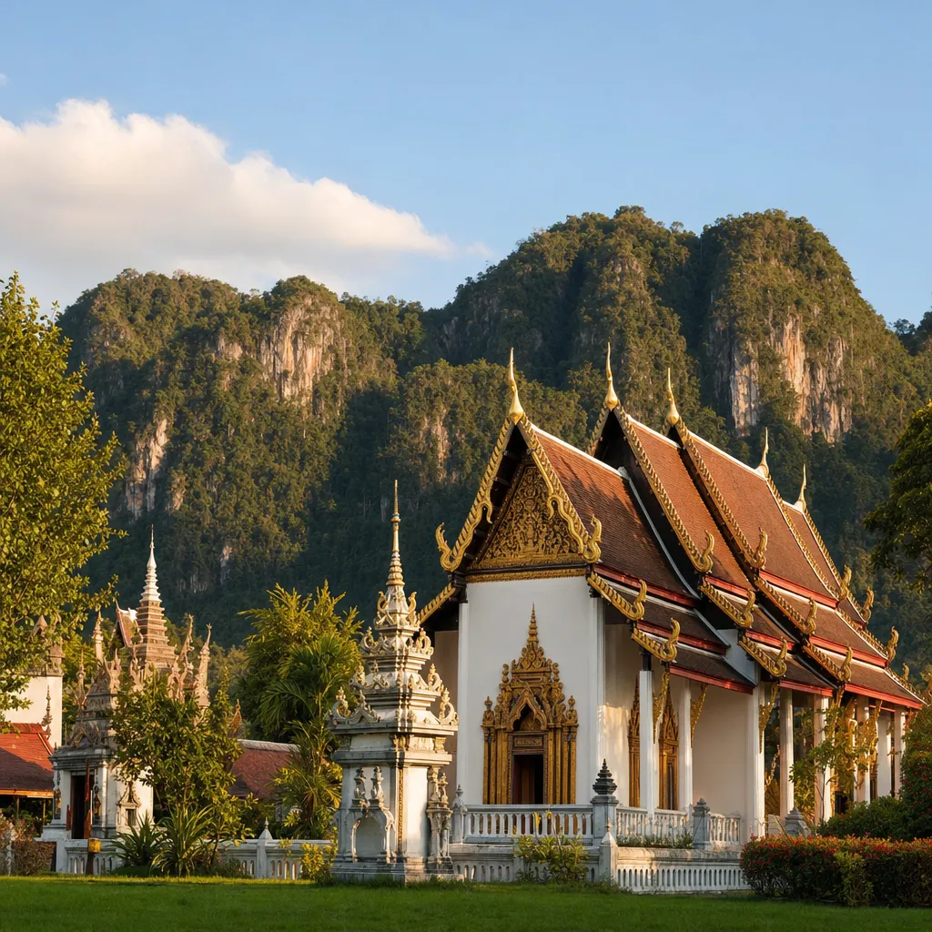 A southern Thai temple with traditional peaked rooflines against forested limestone hills, Nakhon Si Thammarat, warm afternoon light.