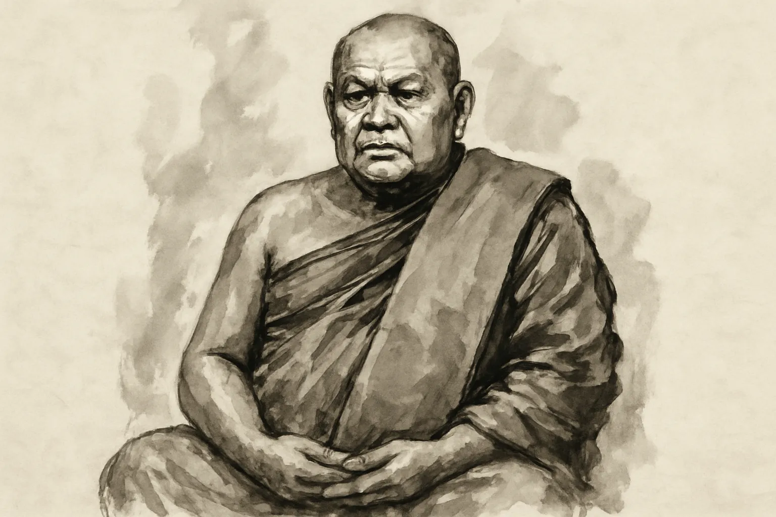 Historical reconstruction: ink wash portrait of Phor Than Klai Wajasit (1876–1970), the great southern forest master of Nakhon Si Thammarat.