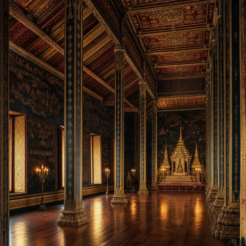 Interior of a grand Bangkok ordination hall in 19th-century style, warm golden light, empty of people.