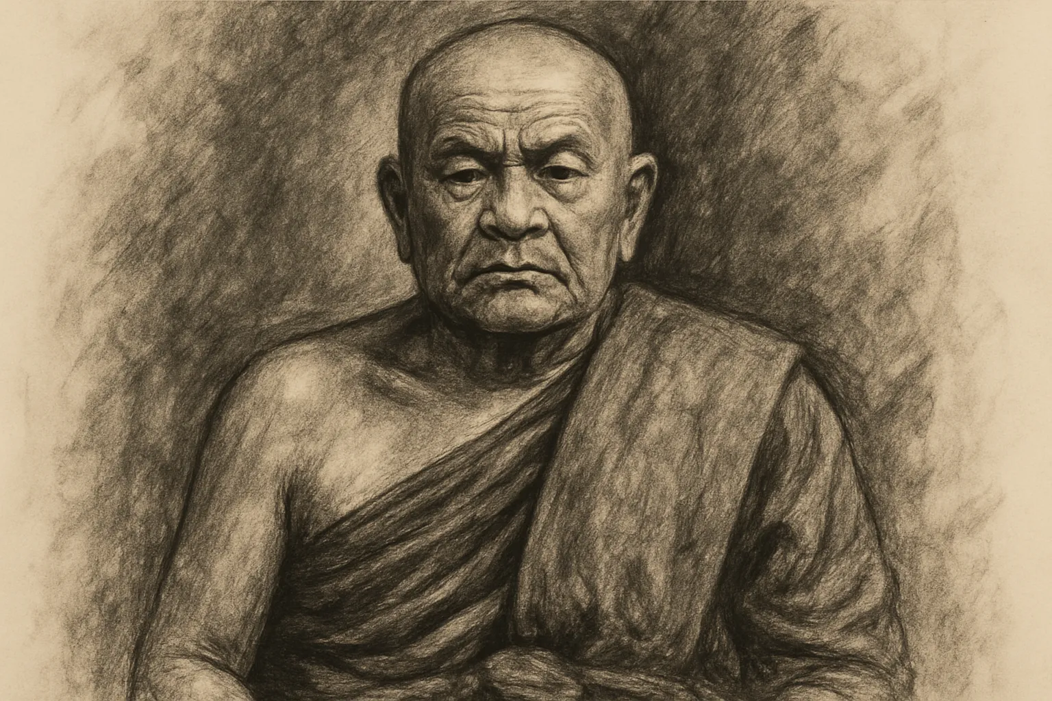 Historical reconstruction: charcoal portrait of Somdej Toh (1788–1872), the creator of the Phra Somdej amulet, depicted as an elderly monk in saffron robes.