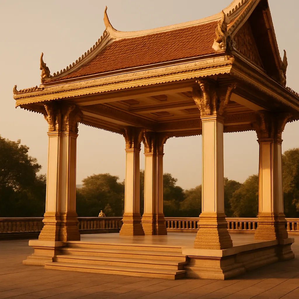 A large open-air memorial structure in warm light, empty of people.