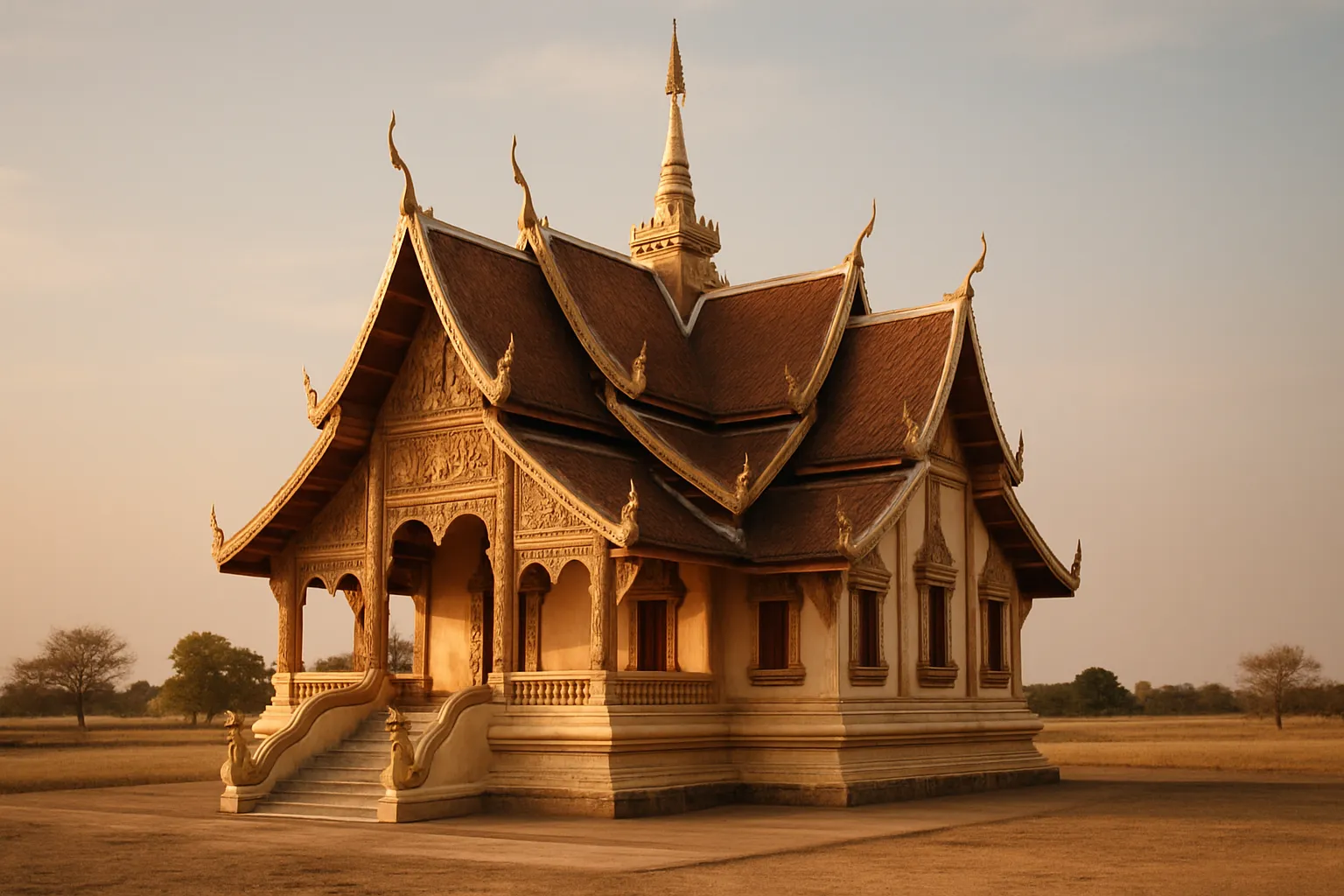 An Isan temple with distinctive architecture on a flat landscape in warm afternoon light, empty of people.