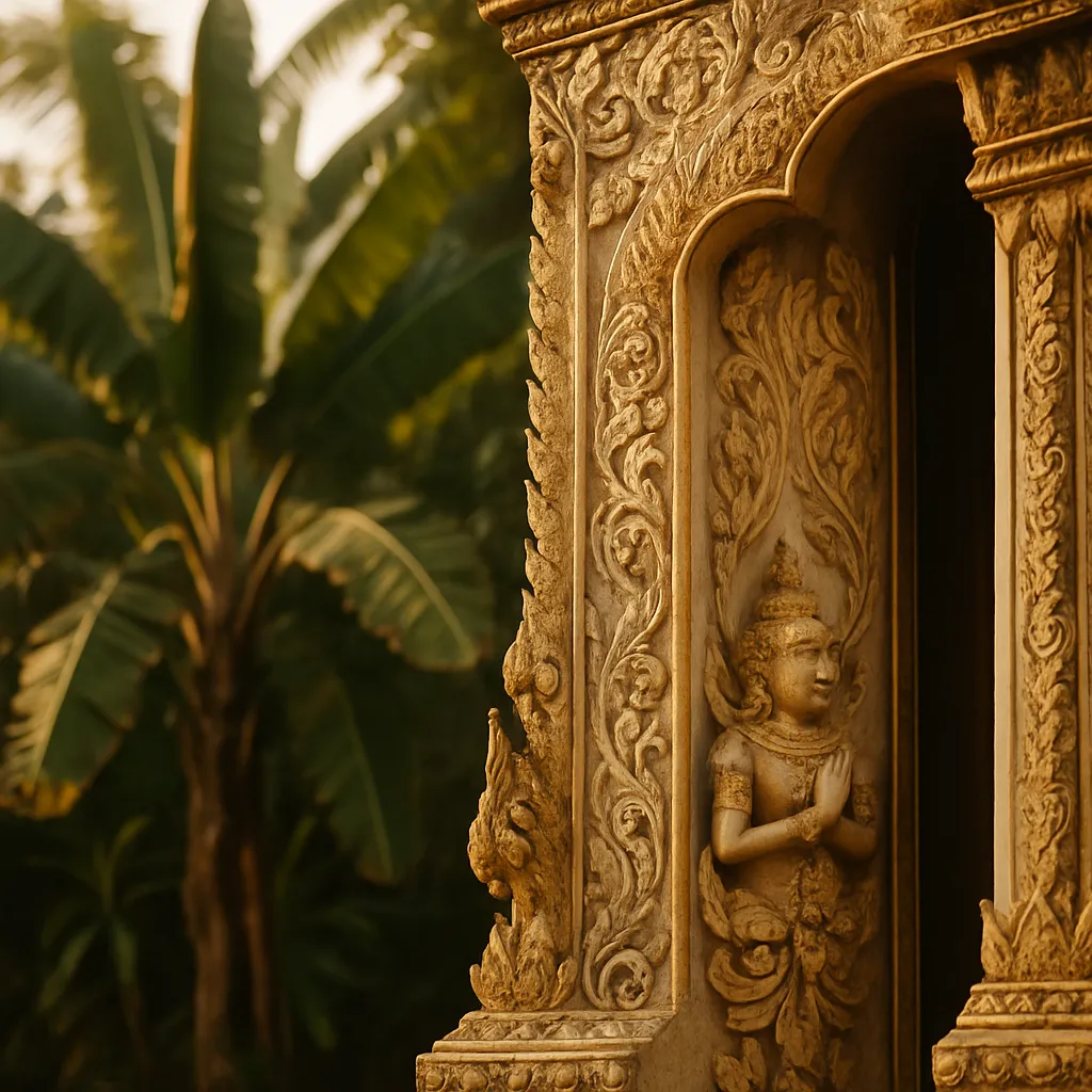 Close-up detail of a carved temple gate beside tropical foliage in warm light.
