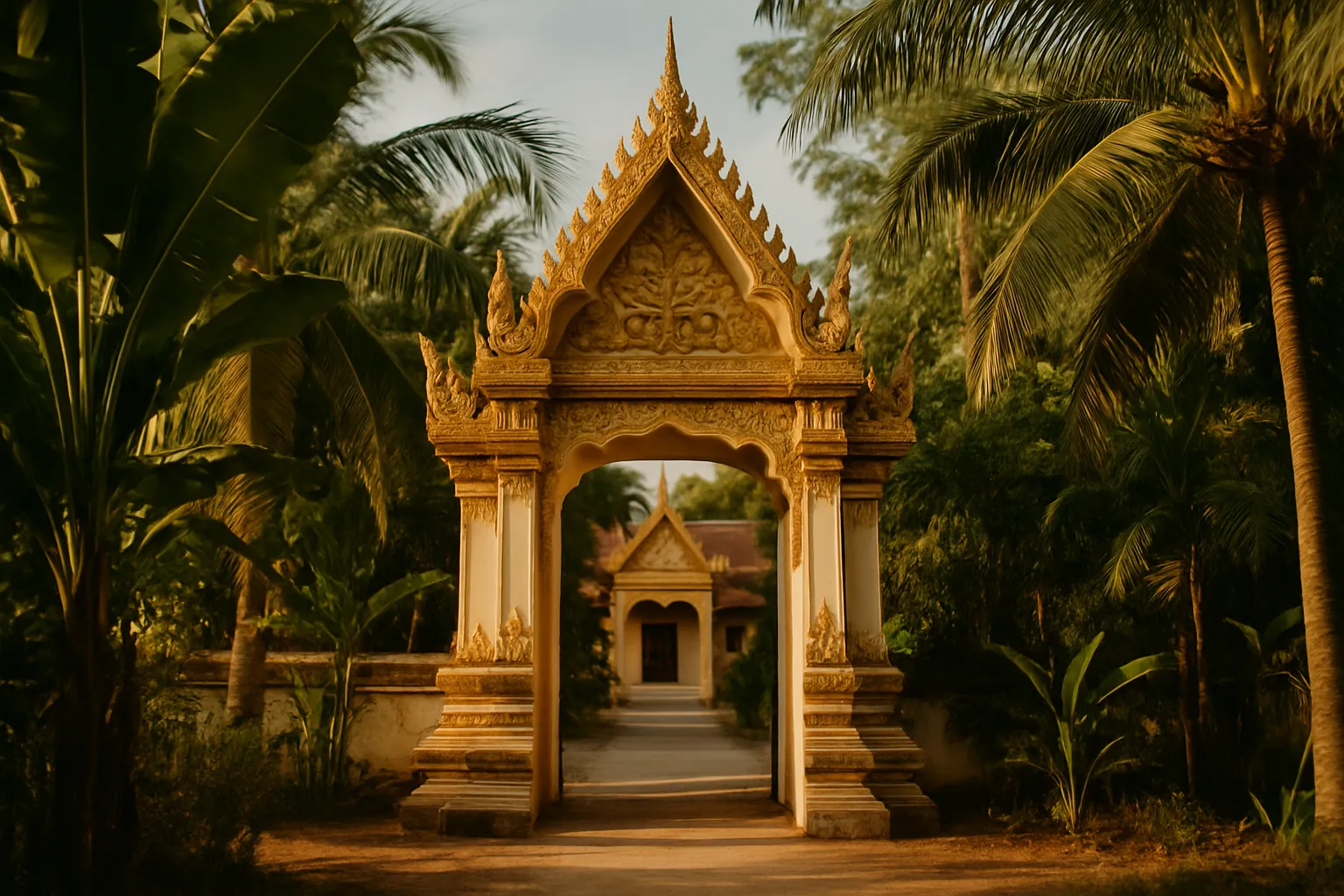 A Thai temple entrance gate framed by tropical vegetation, in a southern architectural style.