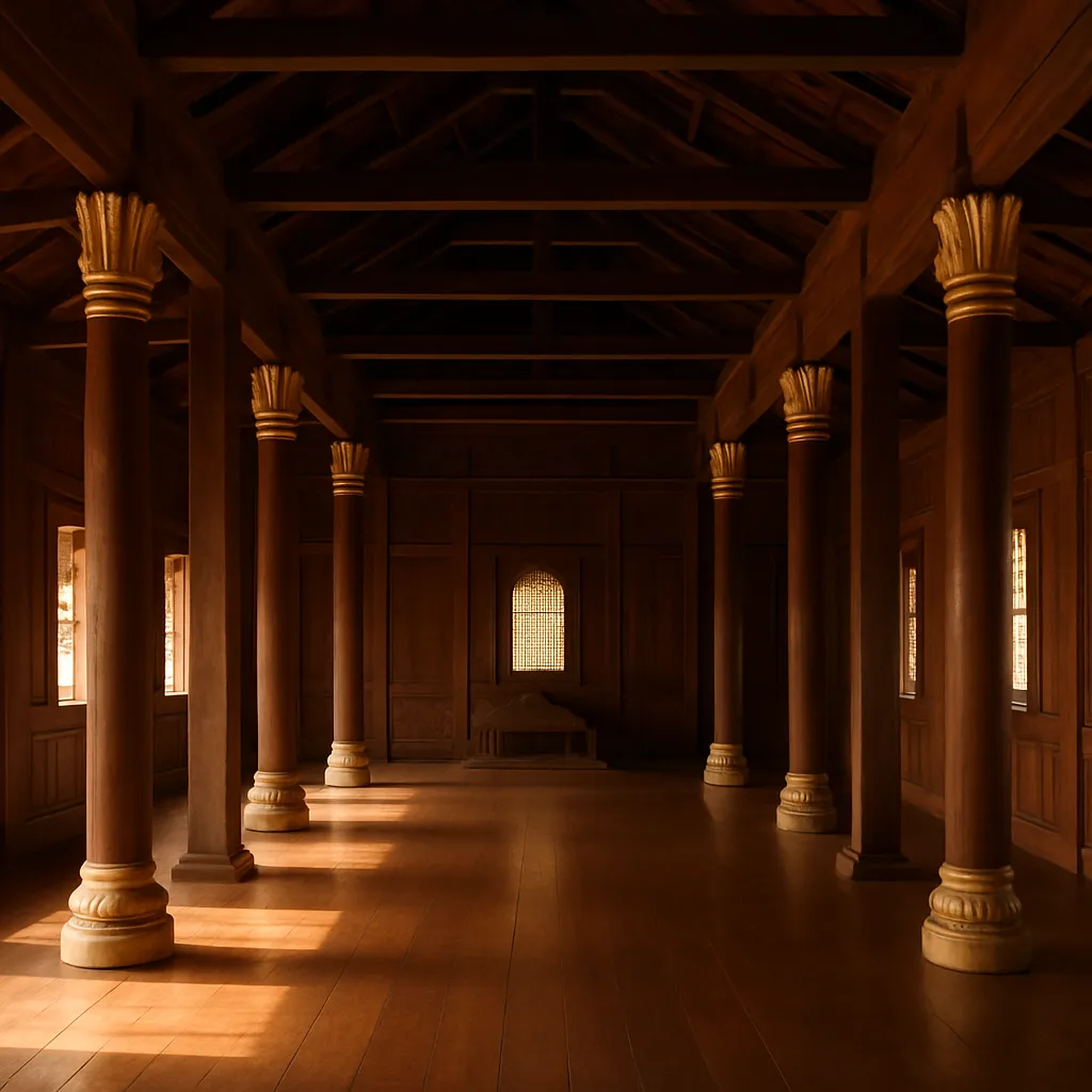The interior of a wooden ancestral hall, empty, in warm light.