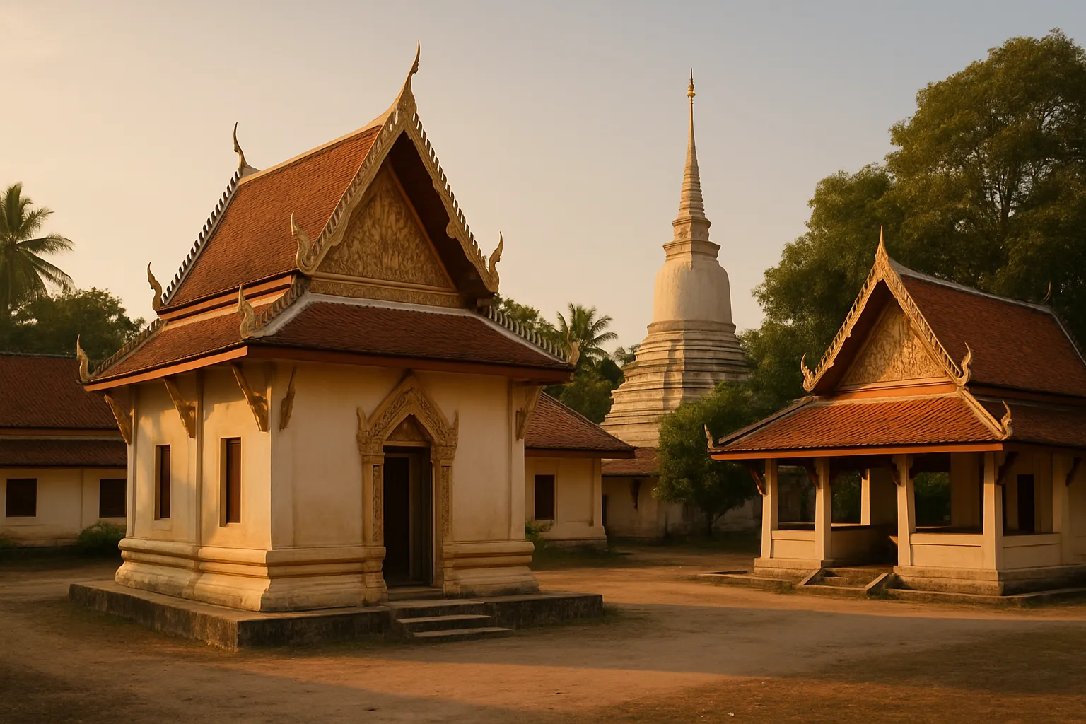 A modest southern Thai temple compound with simple buildings in warm light, empty of people.