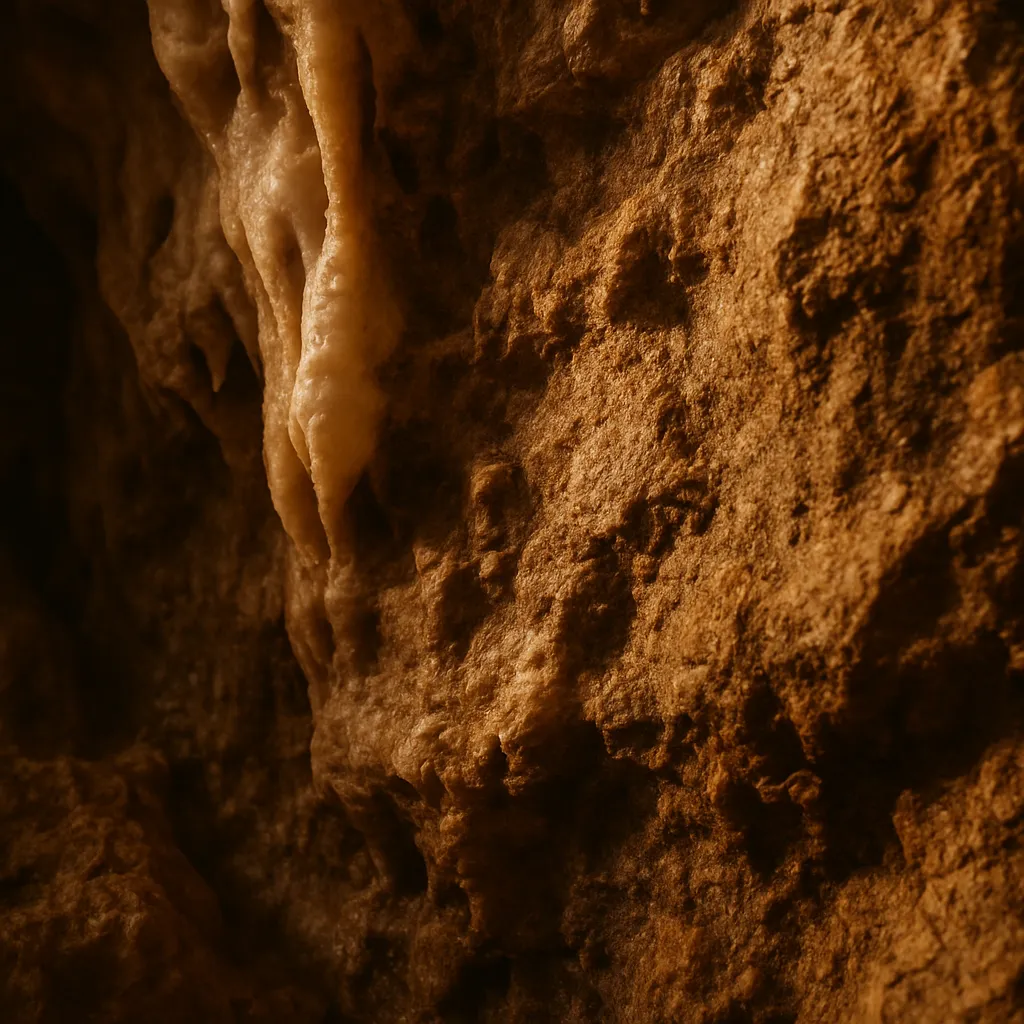 Close-up of damp limestone cave rock texture in warm light.