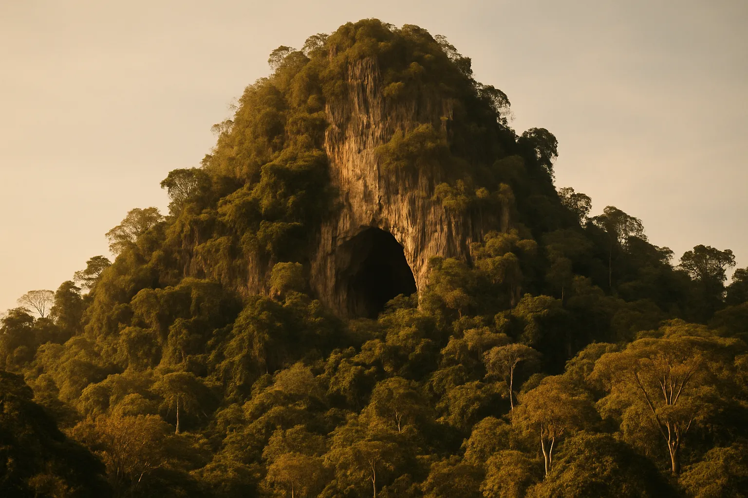 A limestone hill covered in tropical forest with a cave entrance visible, in warm light.