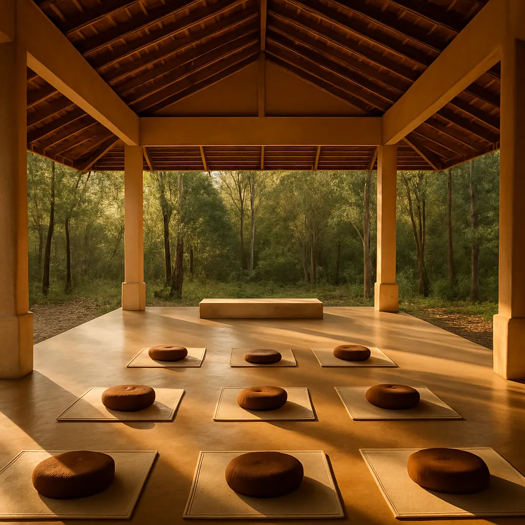 A simple open-air meditation hall surrounded by forest in warm light, empty of people.