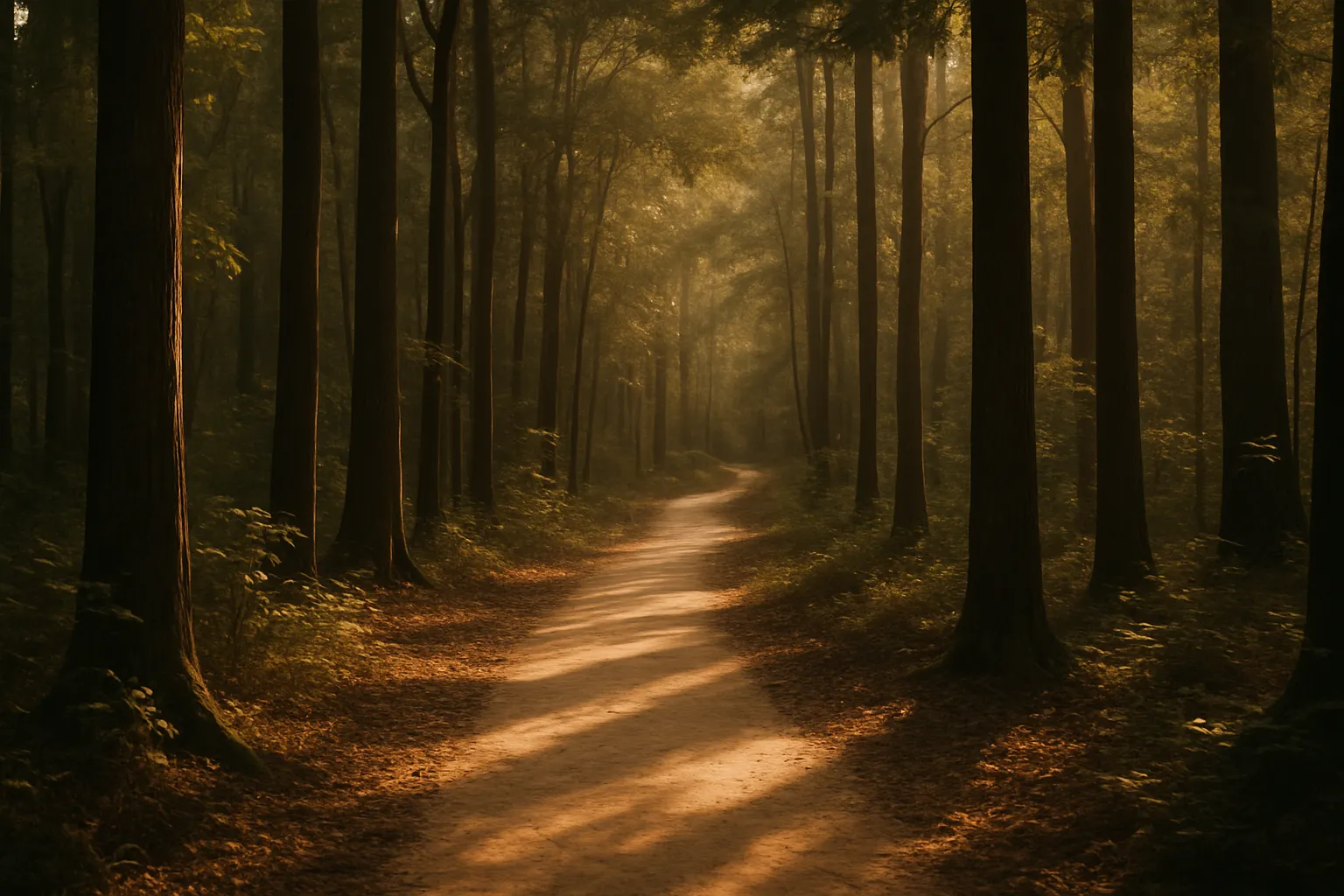 Dense forest with tall trees and a simple meditation path, morning light filtering through the canopy, empty of people.