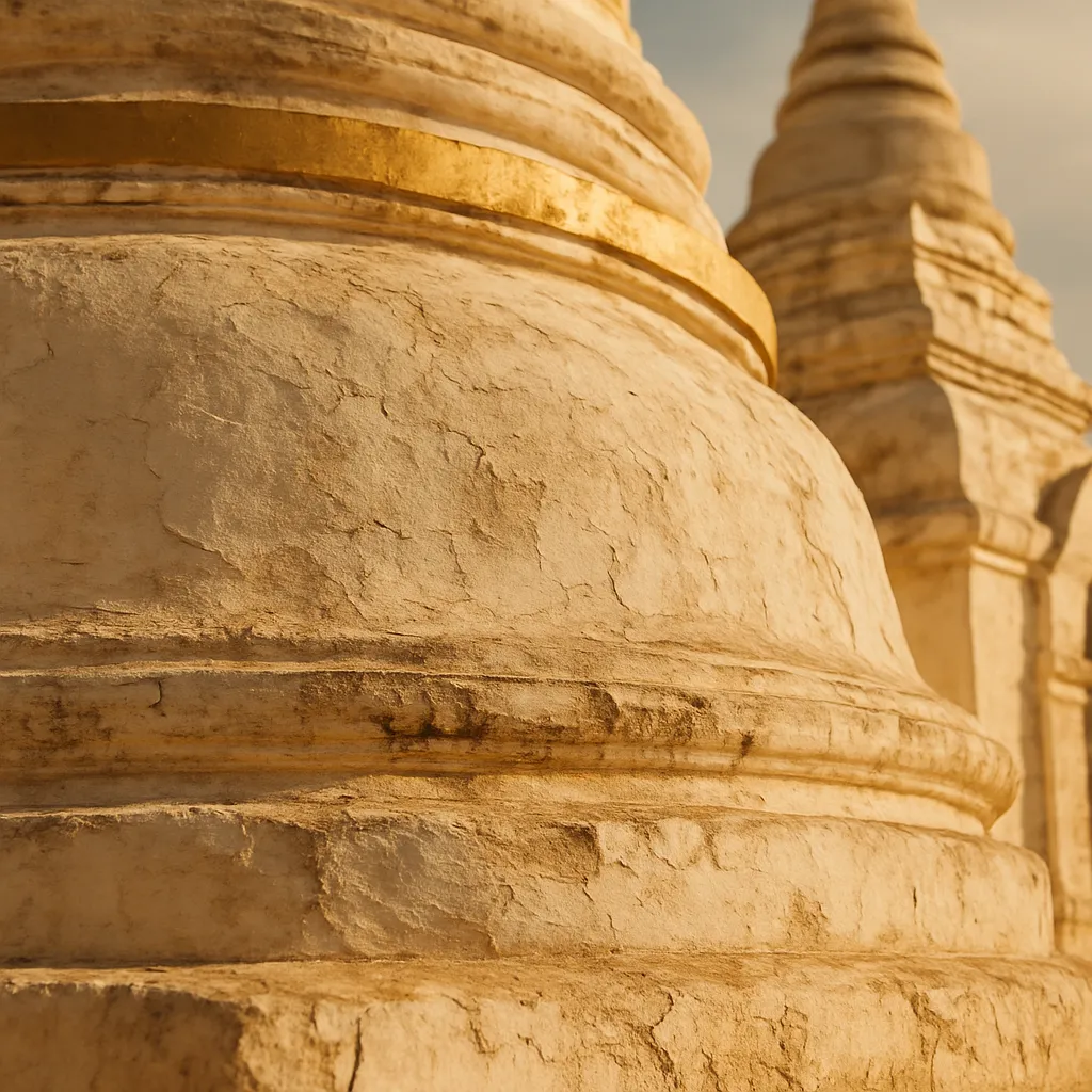 Close-up of the white stucco surface of a chedi showing age and texture, no figures.