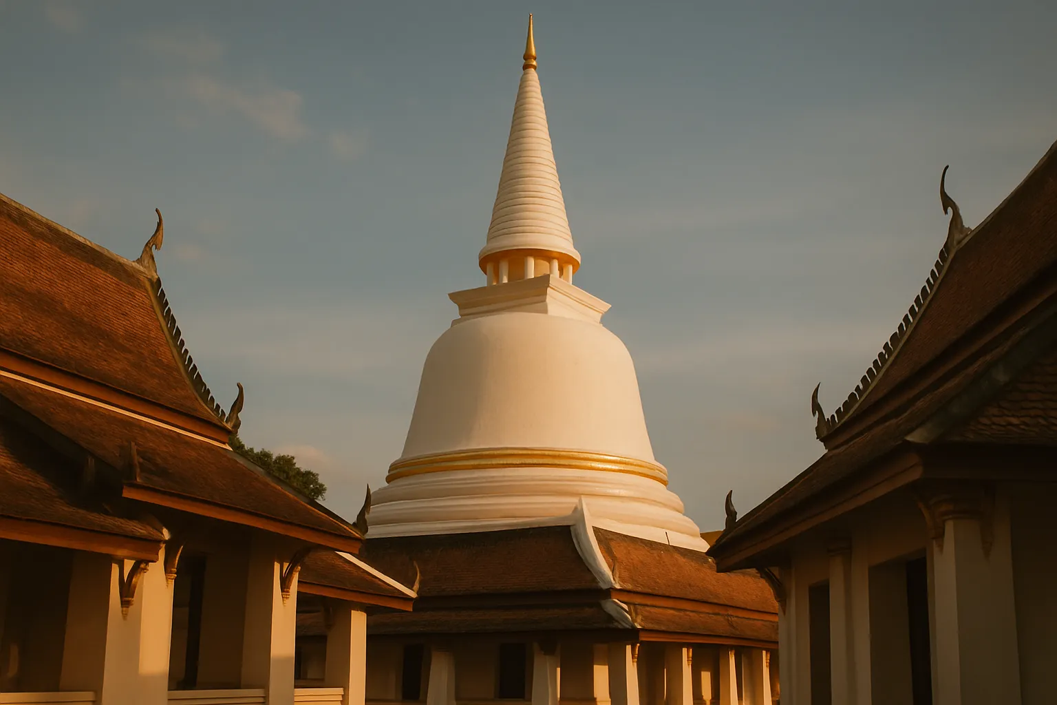 A large white chedi against a blue sky, surrounded by lower temple buildings in warm afternoon light.