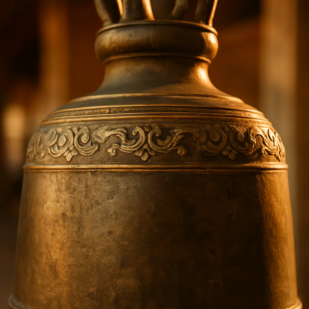 Close-up of the aged bronze surface of a temple bell in warm light.