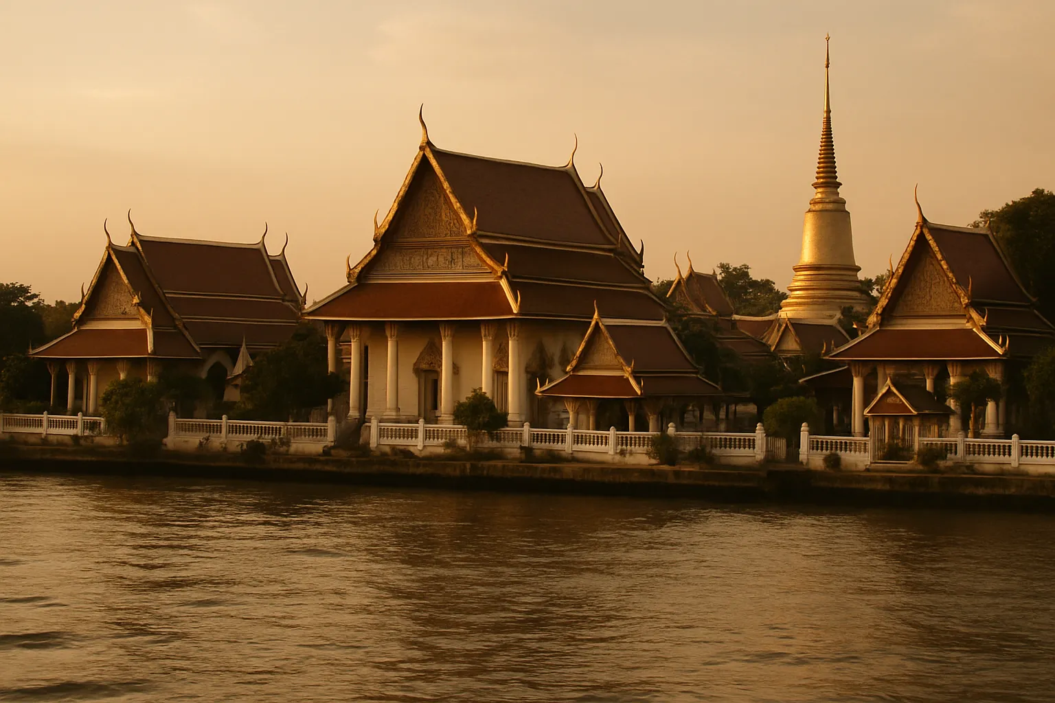 A view across a river toward a Thai temple compound with traditional rooflines in golden light.