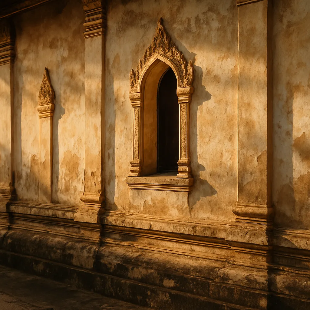 An old southern Thai monastery wall of weathered plaster in warm light.