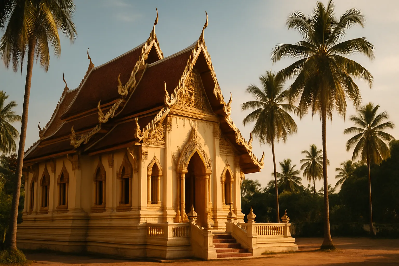 A southern Thai temple with palm trees in warm golden light, empty of people.