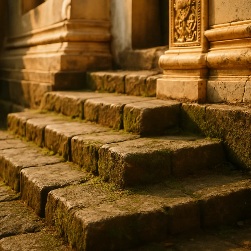 Close-up of worn stone temple steps with moss in warm light.