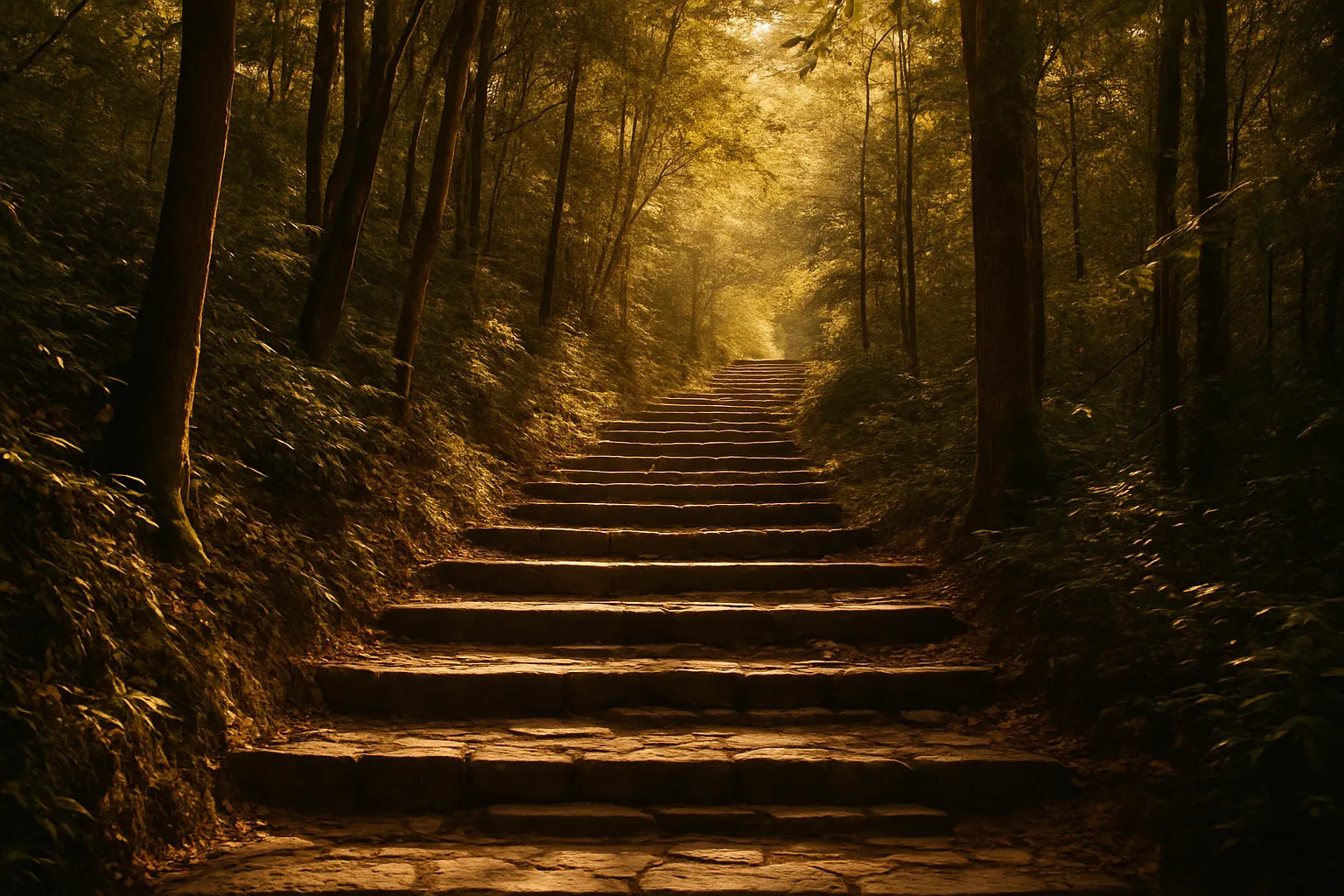 A steep forested hillside with stone steps disappearing into the canopy, warm light filtering through leaves.