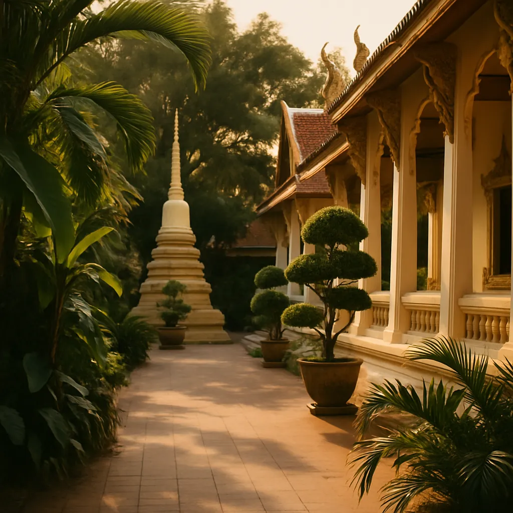 A quiet temple courtyard with tropical plants in warm light, empty of people.