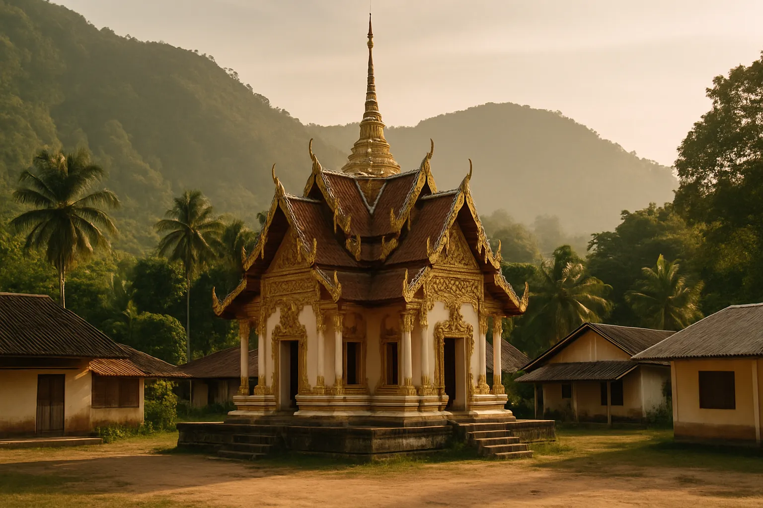 A rural southern Thai temple in a green valley with modest buildings, empty of people.